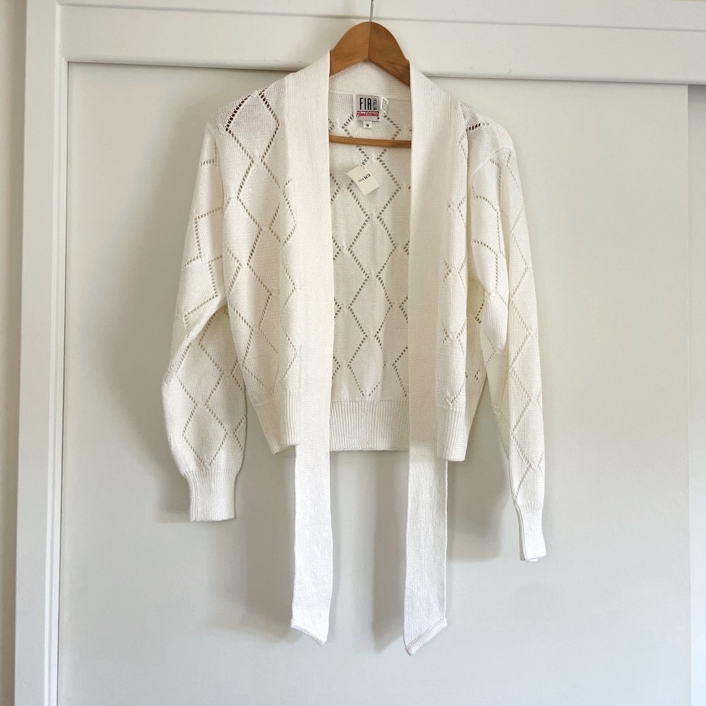 NWT FIA Hand Loomed Italia White Diamond Knit‎ Tie Waist Cardigan